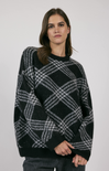 Brooke Plaid Print Sweater, white stitching, long sleeves, plaid pattern, oversized sweater