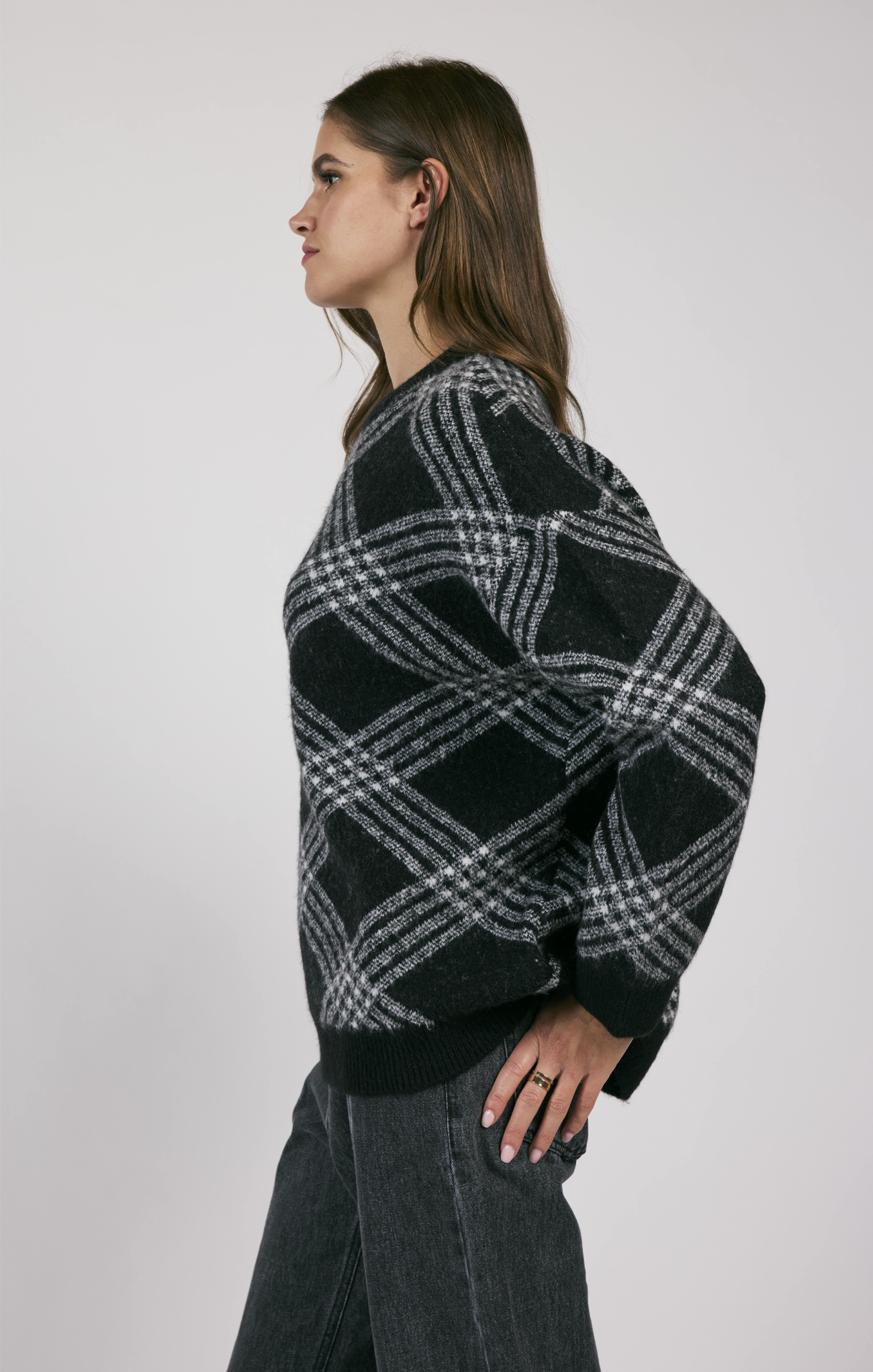 Brooke Plaid Print Sweater, white stitching, long sleeves, plaid pattern, oversized sweater