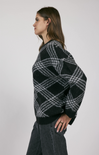 Brooke Plaid Print Sweater, white stitching, long sleeves, plaid pattern, oversized sweater