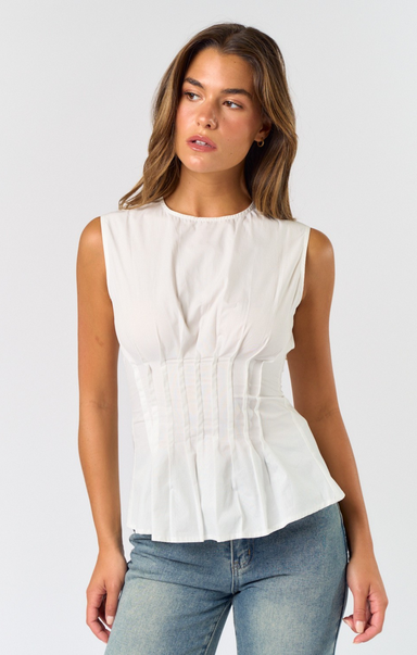 Shop At Grace, Celia Pleated Top, off white, sleeveless, pleated waist, zip back, blouse