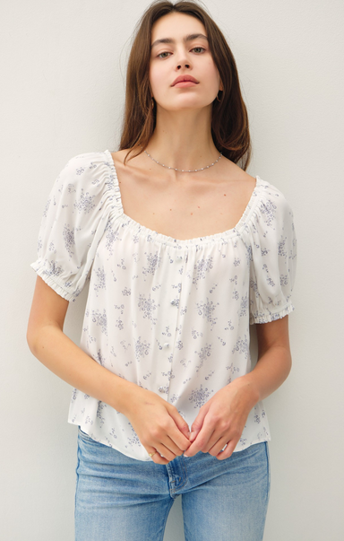 Shop At Grace, Charlotte Ditsy Top, white denim, short sleeves, blouse, front button detail