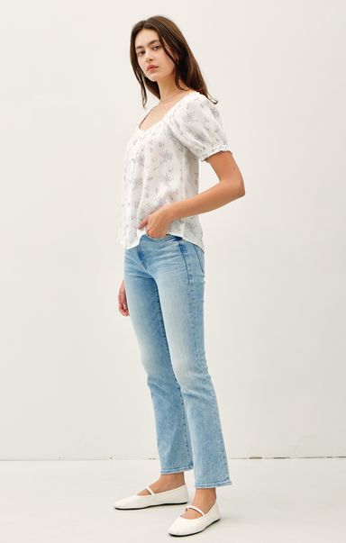 Shop At Grace, Charlotte Ditsy Top, white denim, short sleeves, blouse, front button detail