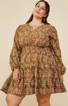 Curvy Autumn Dress, brown floral pattern, long sleeve, mini dress, front