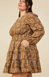 Curvy Autumn Dress, brown floral pattern, long sleeve, mini dress, side