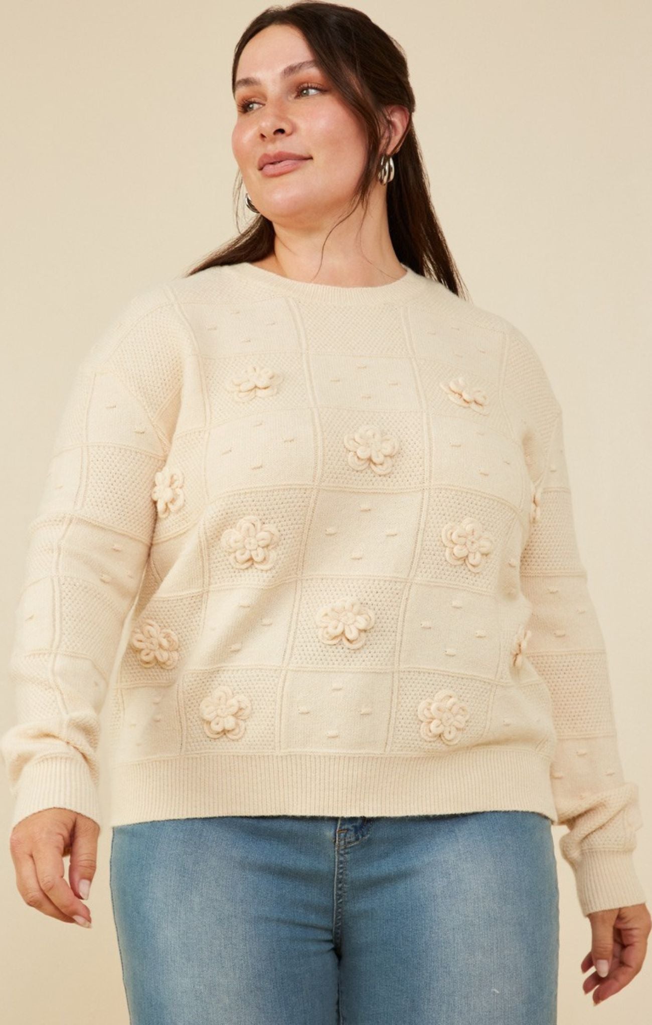 Curvy Floral Patch Sweater, ivory, floral pattern, long sleeve, sweater, front