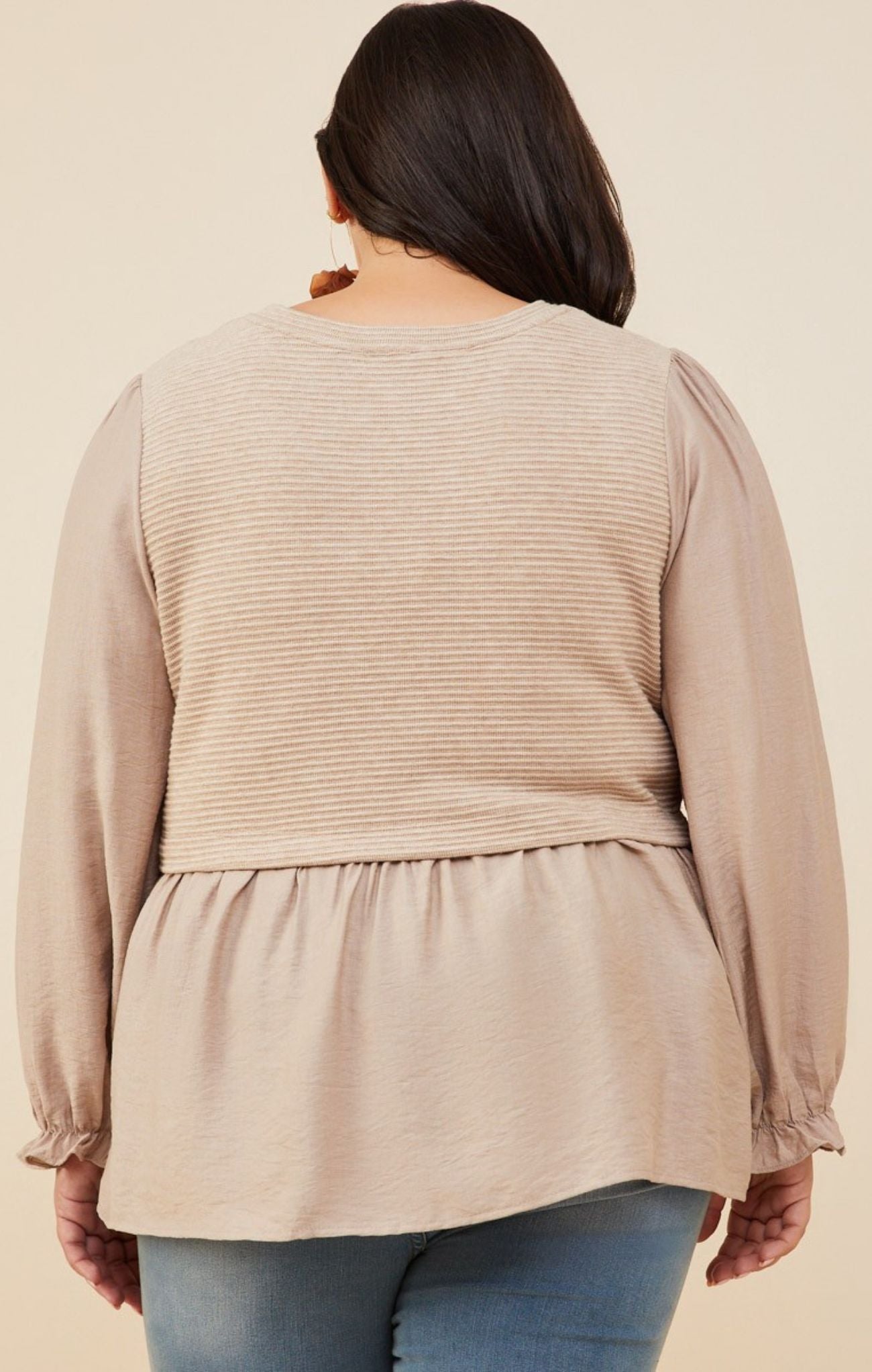 Curvy Lucinda Top, taupe, long sleeve, peplum, back