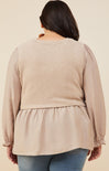 Curvy Lucinda Top, taupe, long sleeve, peplum, back