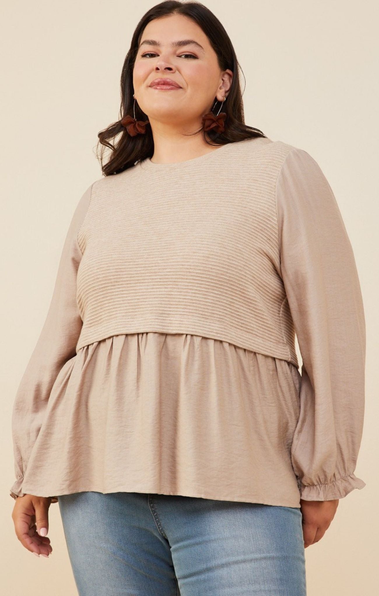 Curvy Lucinda Top, taupe, long sleeve, peplum, front