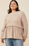 Curvy Lucinda Top, taupe, long sleeve, peplum, front