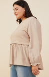 Curvy Lucinda Top, taupe, long sleeve, peplum, side