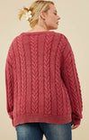 Curvy Washed Cable Sweater, cable knit sweater, long sleeve, burgundy, back