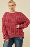 Curvy Washed Cable Sweater, cable knit sweater, long sleeve, burgundy, front