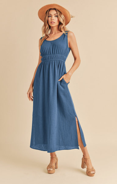 Shop At Grace, Darci Dress, azure, sleeveless, cinched waist, slit, front pockets