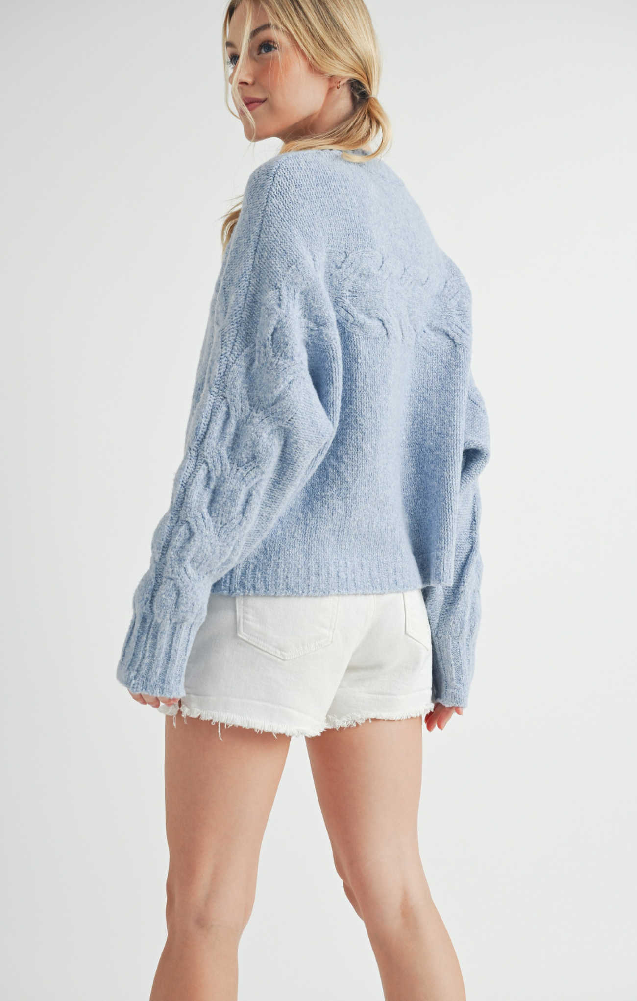 Elaine Sweater, color blue, cable knit detail, long sleeves, knit sweater, everyday wear