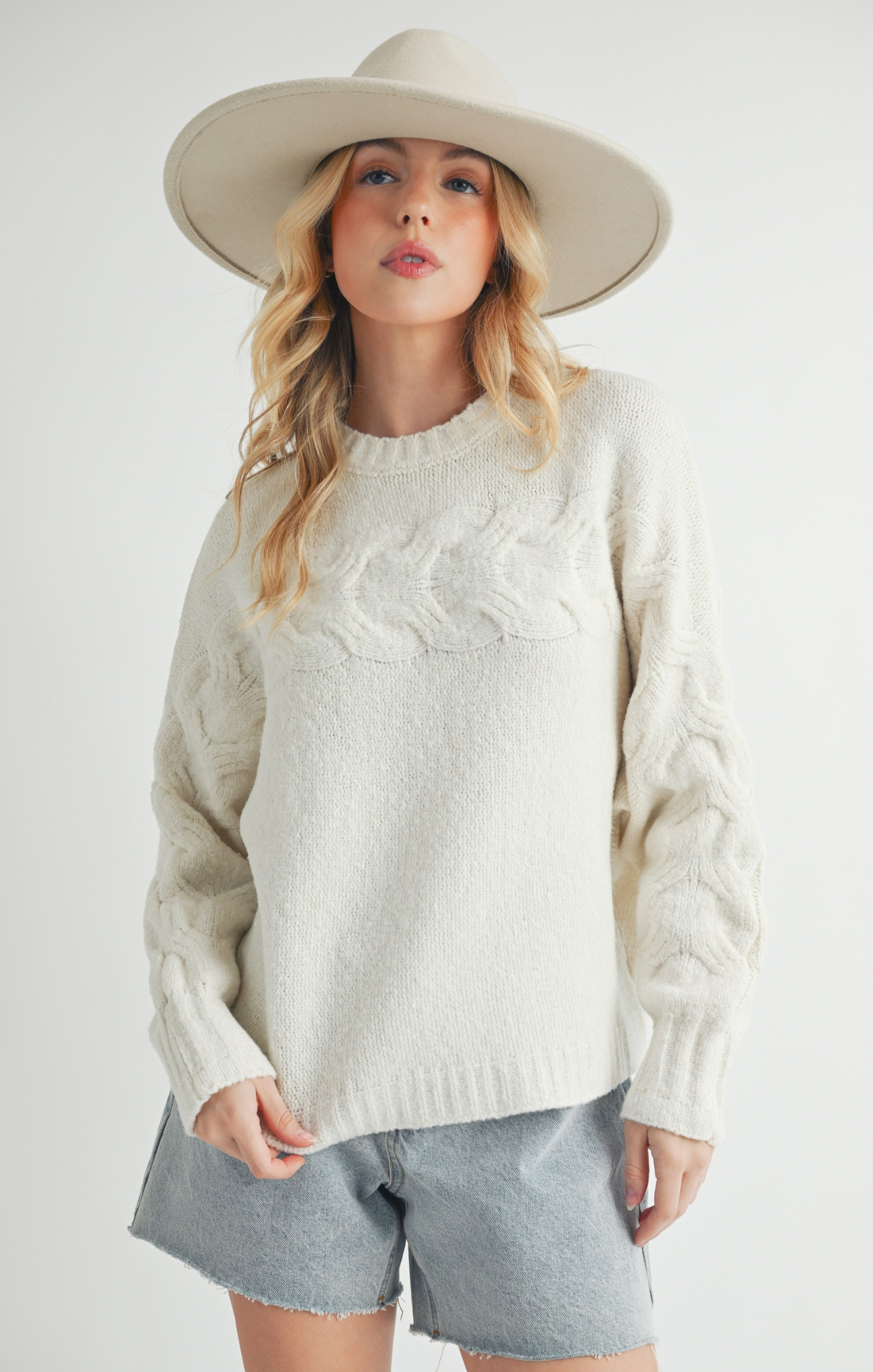 Elaine Sweater, color white, cable knit detail, long sleeves, knit sweater, everyday wear