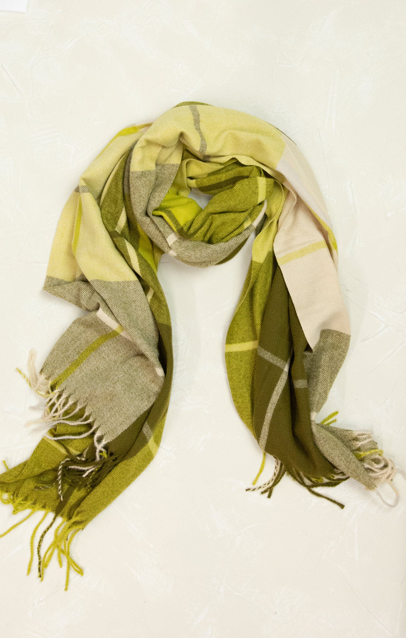 Emily Window Pane Scarf, green plaid, oblong scarf, fringe ends