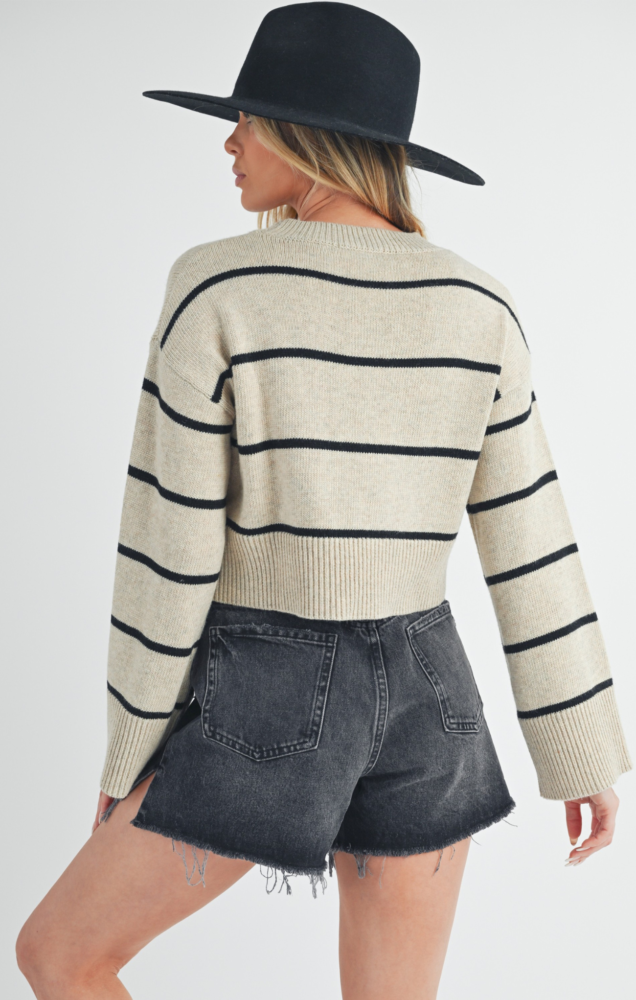 Emmanuelle Sweater, oat and black, striped pattern, longs sleeves, ribbed edges