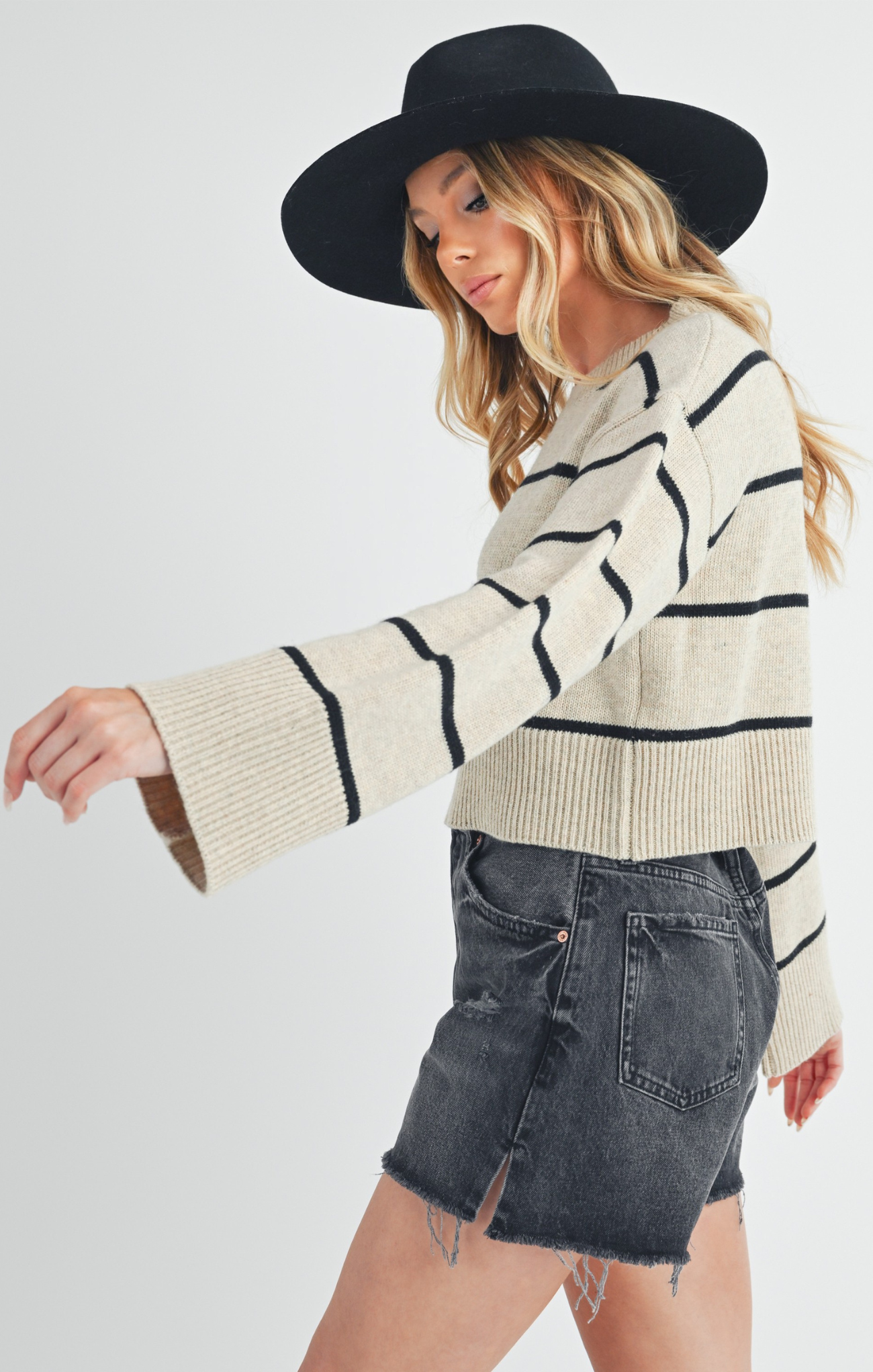 Emmanuelle Sweater, oat and black, striped pattern, longs sleeves, ribbed edges