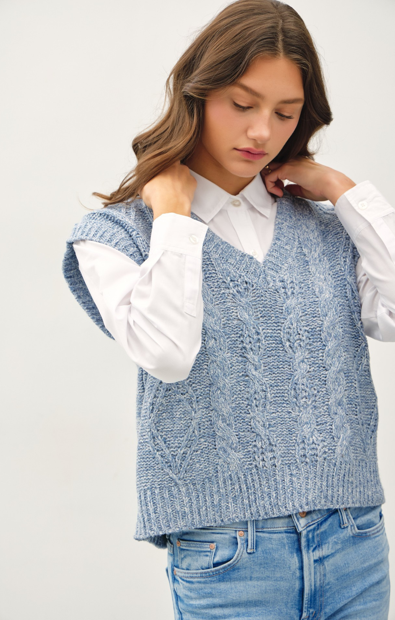 Ezra Sweater Vest, color denim, v-neck,sleeveless, layering piece, cable knit