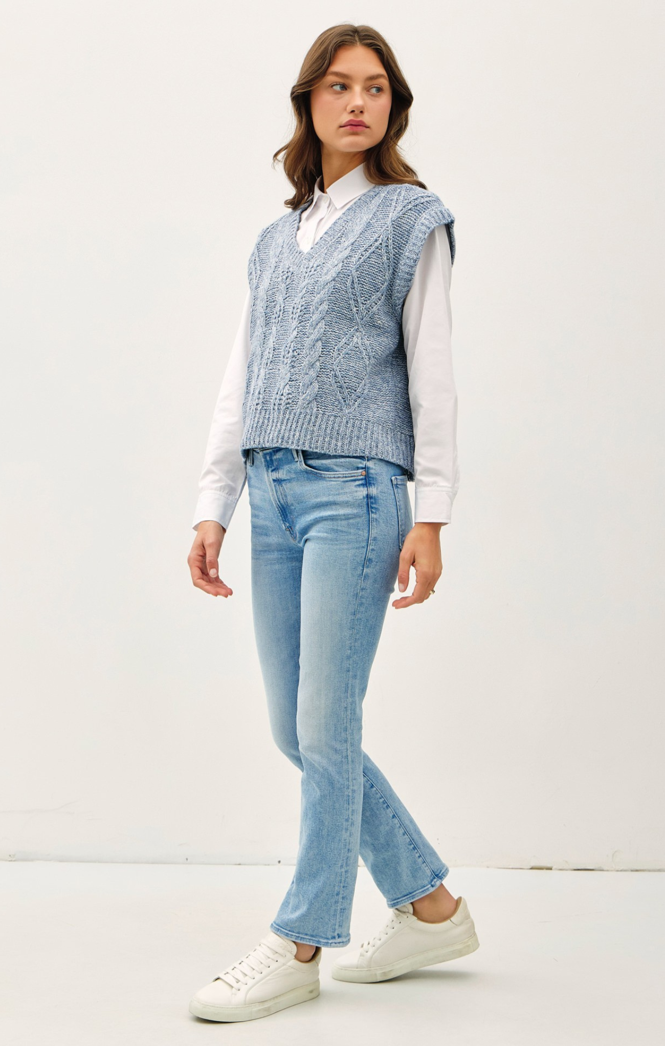 Ezra Sweater Vest, color denim, v-neck,sleeveless, layering piece, cable knit