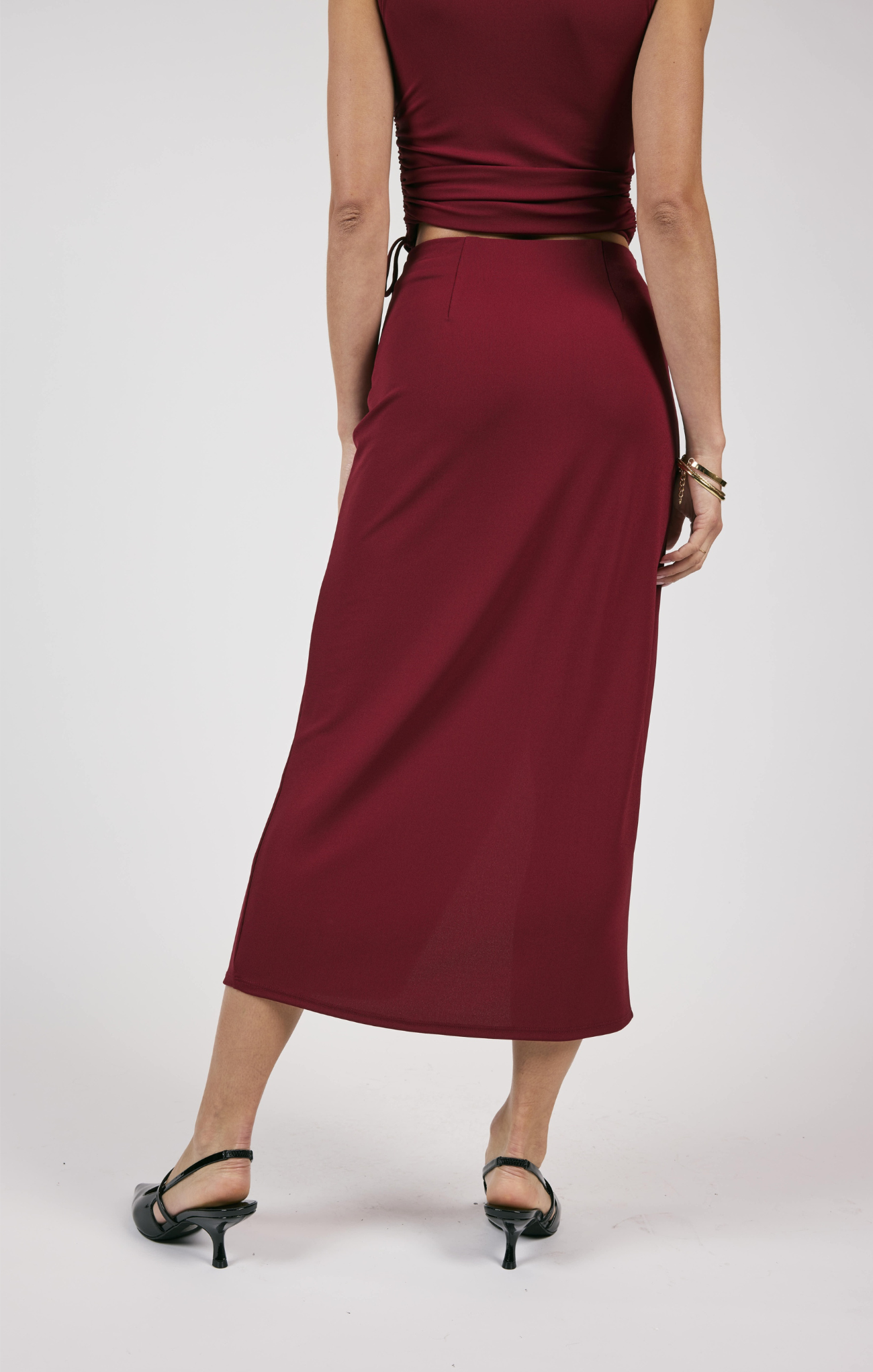 Shop At Grace, Fiery Spirit Midi Skirt, cabernet, maxi skirt, slit in front, draped