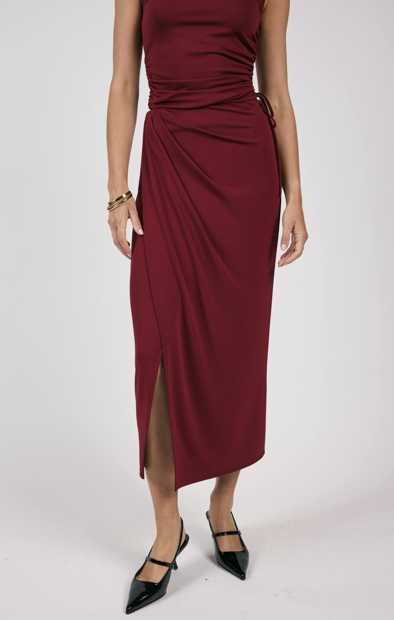 Shop At Grace, Fiery Spirit Midi Skirt, cabernet, maxi skirt, slit in front, draped