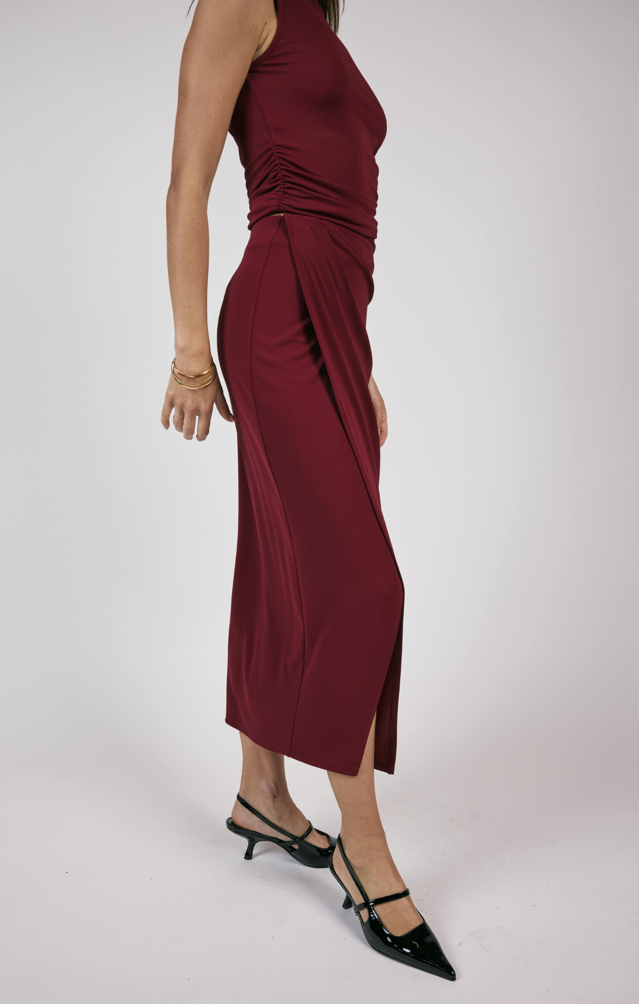 Shop At Grace, Fiery Spirit Midi Skirt, cabernet, maxi skirt, slit in front, draped