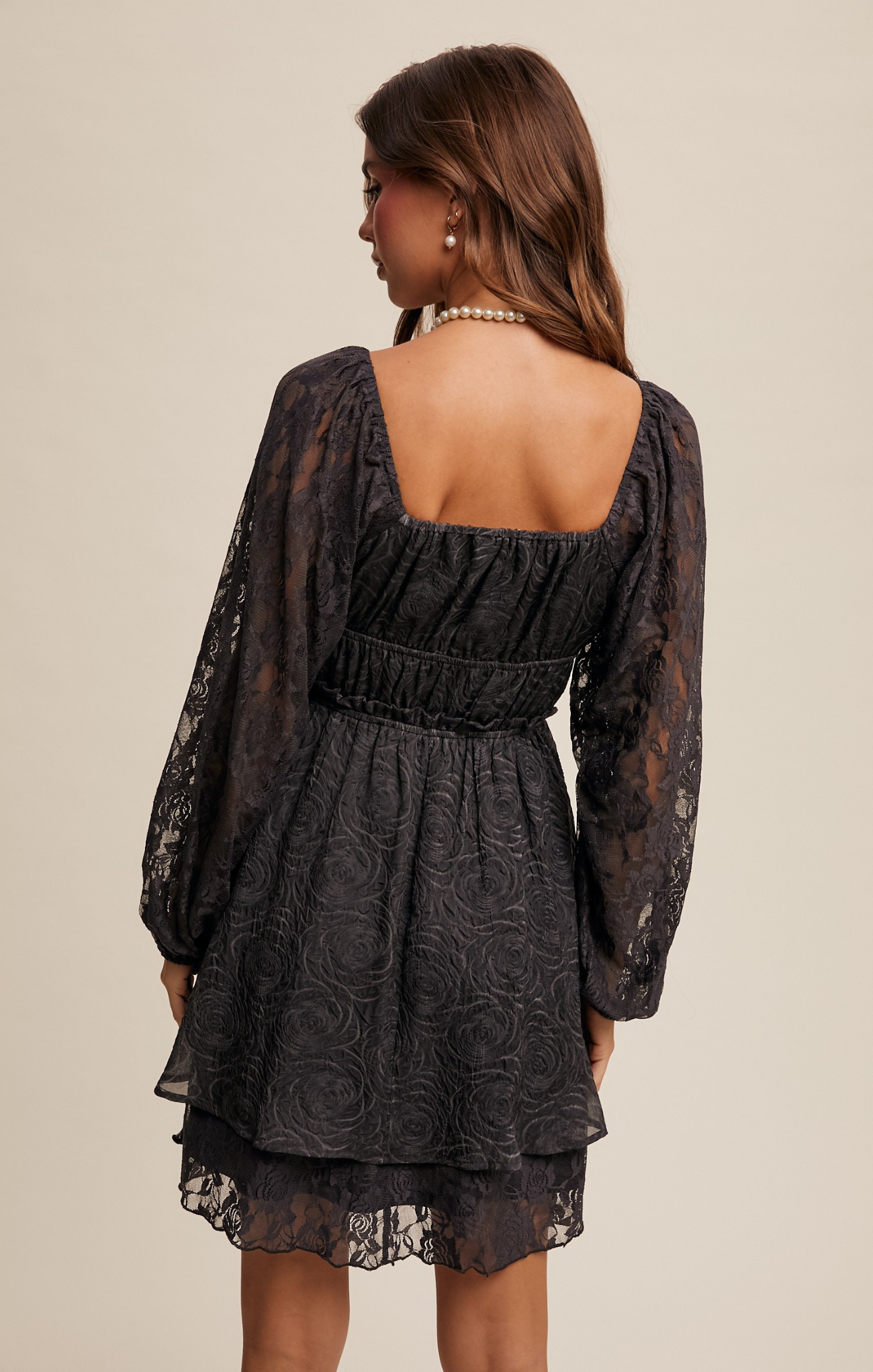 Shop At Grace, Flora Lace Mini Dress, charcoal, long sleeves, v-neck, lace sleeves, grey floral pattern