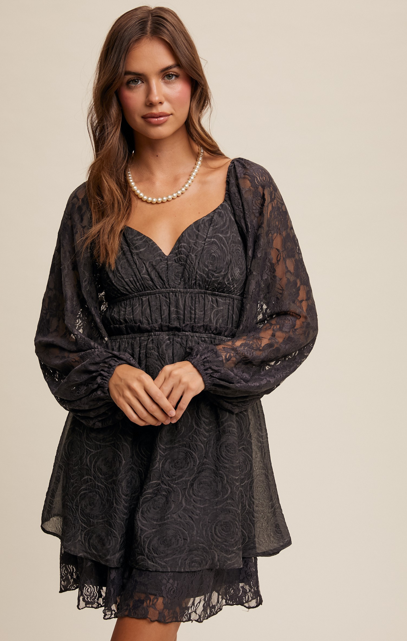 Shop At Grace, Flora Lace Mini Dress, charcoal, long sleeves, v-neck, lace sleeves, grey floral pattern