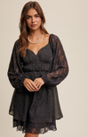 Shop At Grace, Flora Lace Mini Dress, charcoal, long sleeves, v-neck, lace sleeves, grey floral pattern