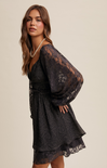 Shop At Grace, Flora Lace Mini Dress, charcoal, long sleeves, v-neck, lace sleeves, grey floral pattern