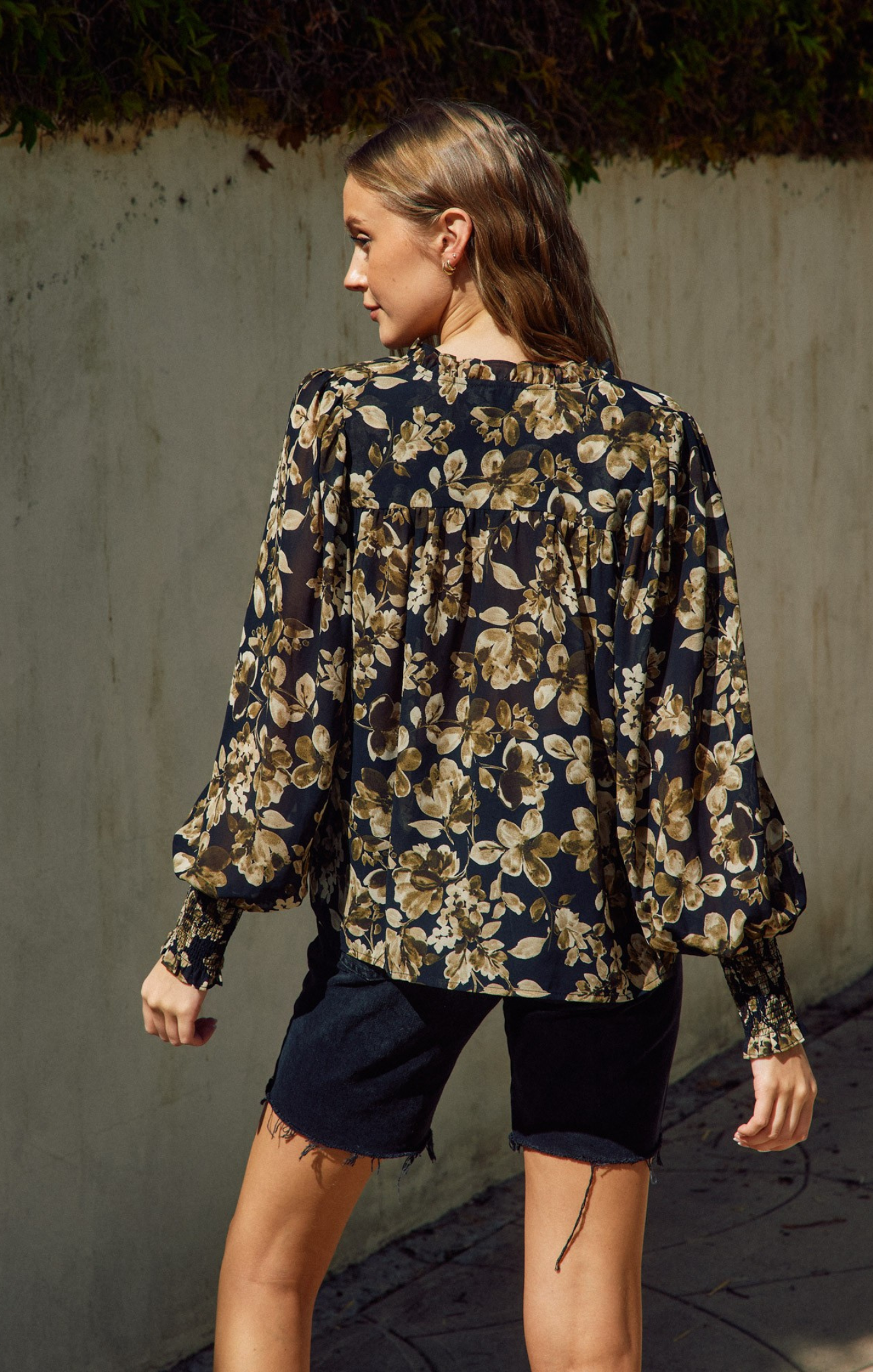 Floral Ruffled Neck Top, midnight taupe, long sleeves, floral patter, v-neck