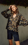 Floral Ruffled Neck Top, midnight taupe, long sleeves, floral patter, v-neck