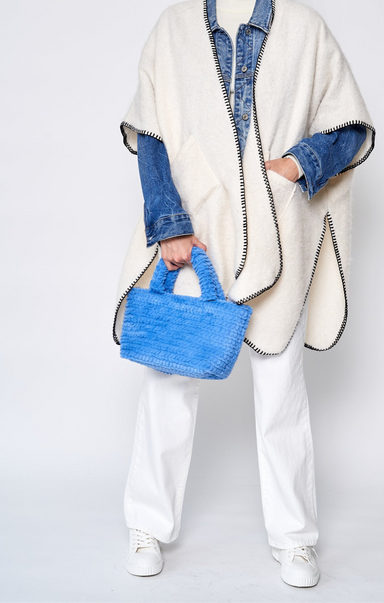 FUZZY FUR TOTE BAG MINI-blue,fuzz fabric,top handle,clasp closure