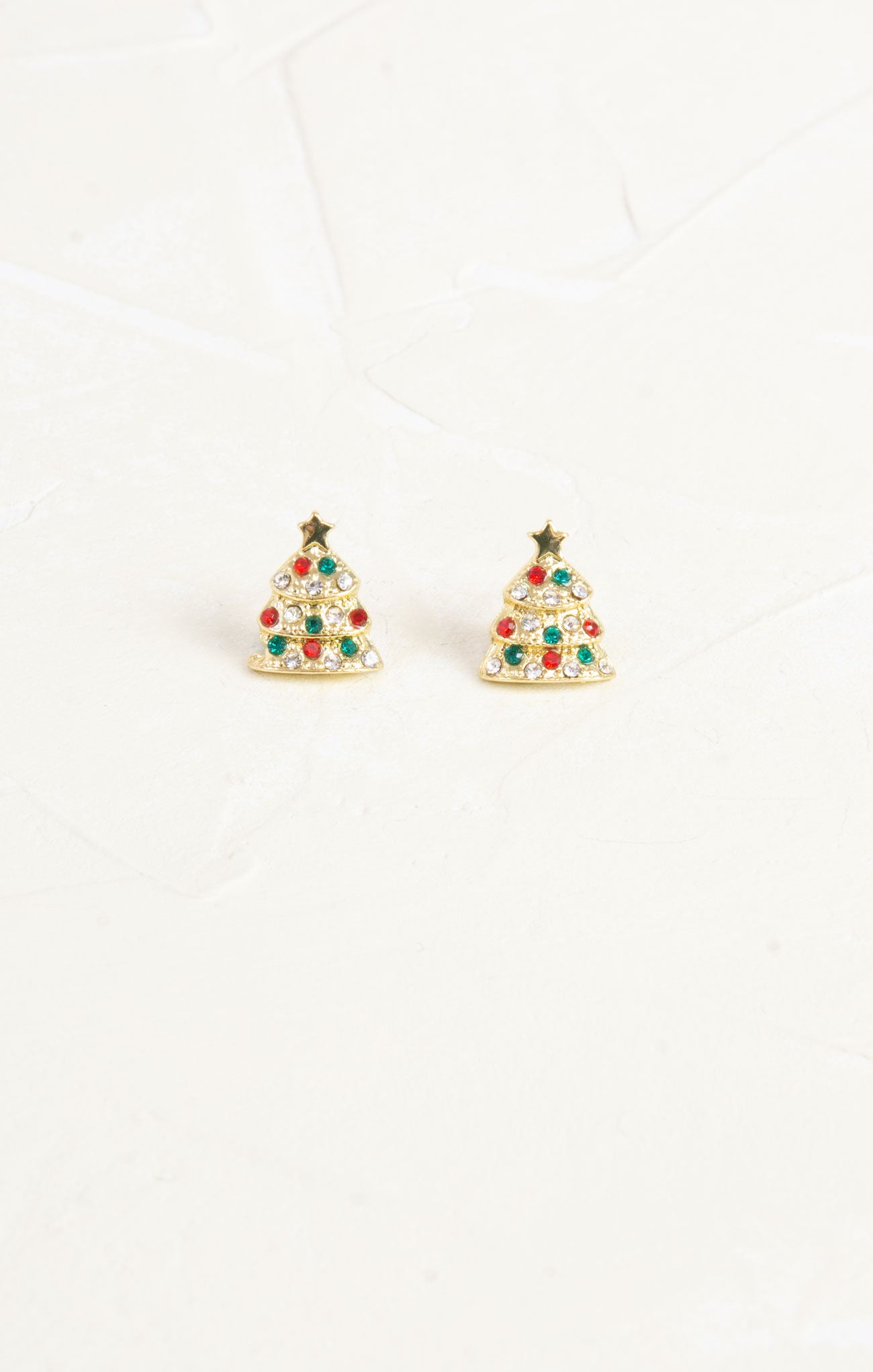 Shop At Grace, Gold Holiday Tree Studs, red and green rhinestone lights, star on top tree 