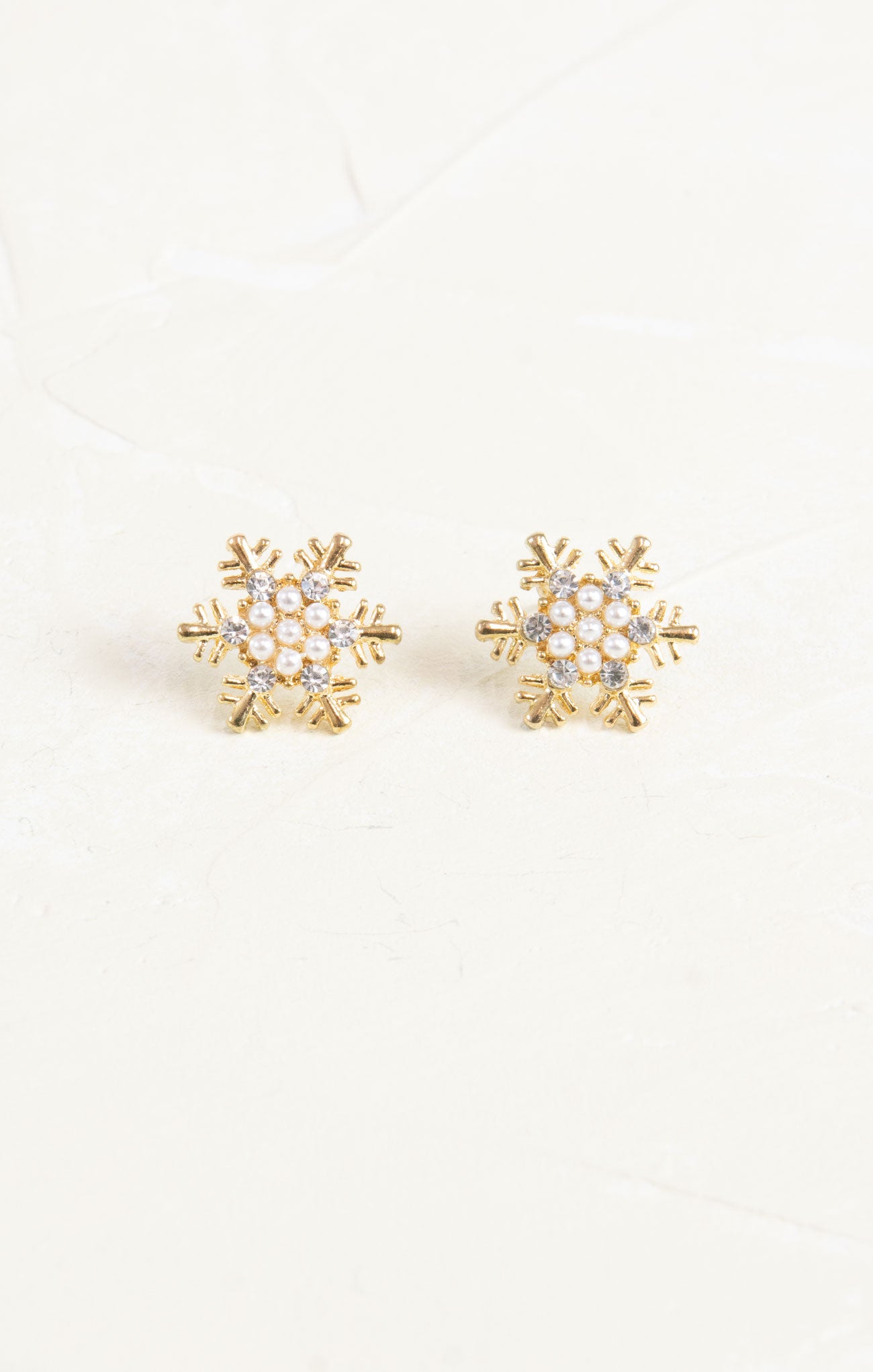 Shop At Grace, Gold Snowflake Studs, gold hardware, pearl and rhinestones