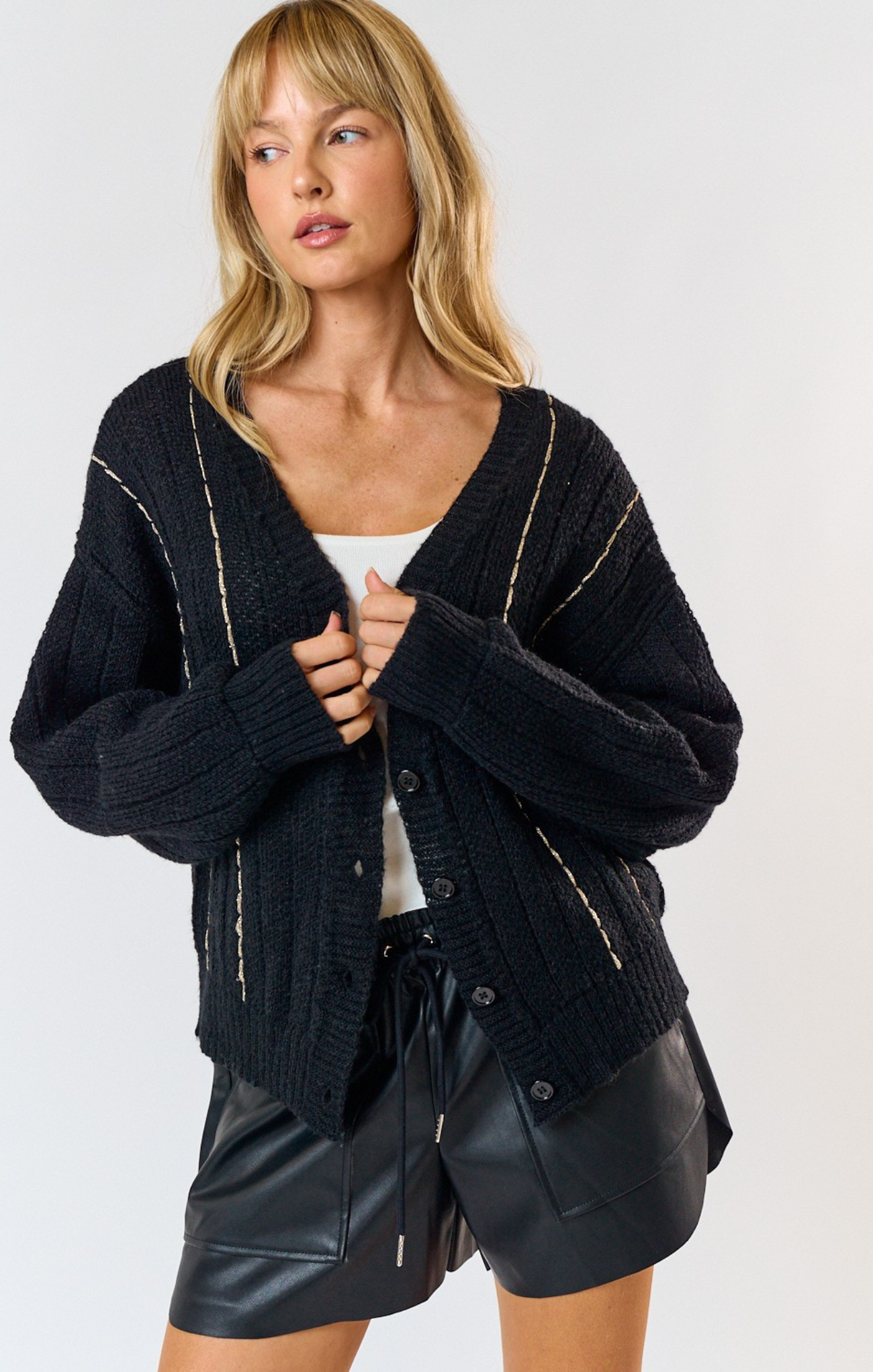 Gwen Cardigan, black and gold, button front sweater longs sleeves, v-neck