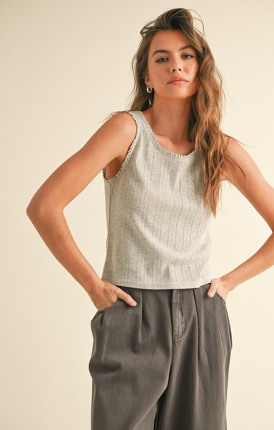 Shop At Grace, Halle Pointelle Tank, heather grey, sleeveless, ruffle trim, basic tank