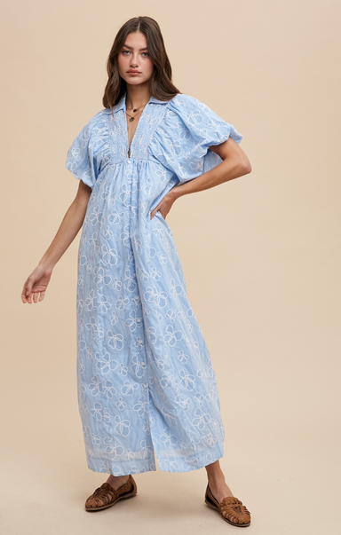 Shop At Grace, Hazel Floral Dress, sky, v-neck, puff sleeve, floral pattern, button detail, maxi dress