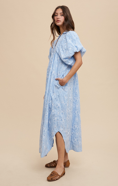 Shop At Grace, Hazel Floral Dress, sky, v-neck, puff sleeve, floral pattern, button detail, maxi dress