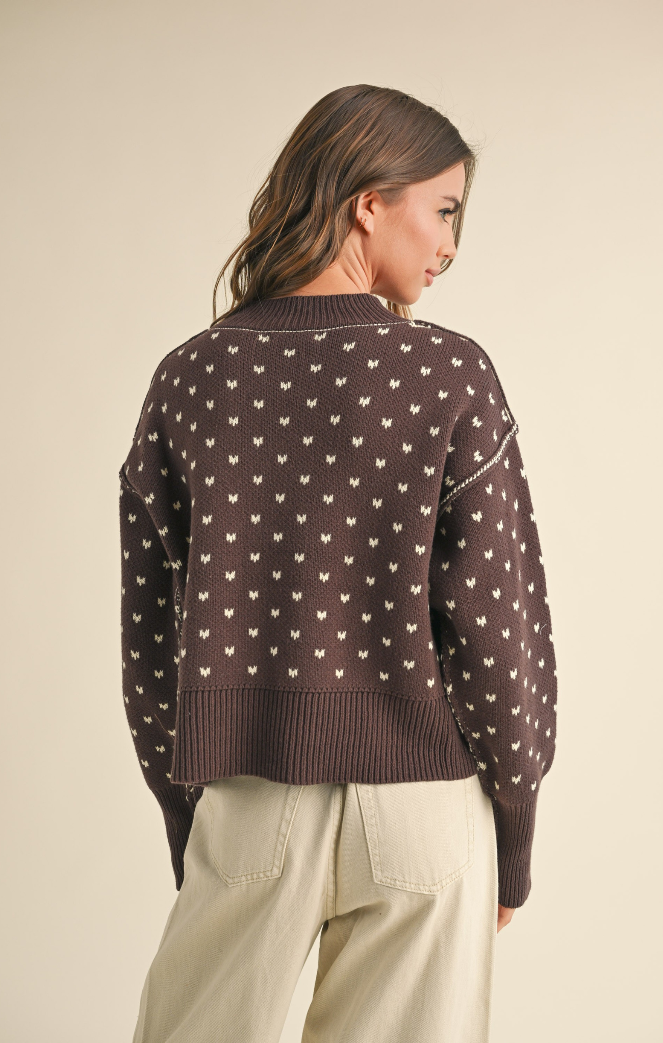 Shop At Grace, Miou Muse, Heart Cropped Sweater, brown, long sleeves, heart pattern, cropped sweater