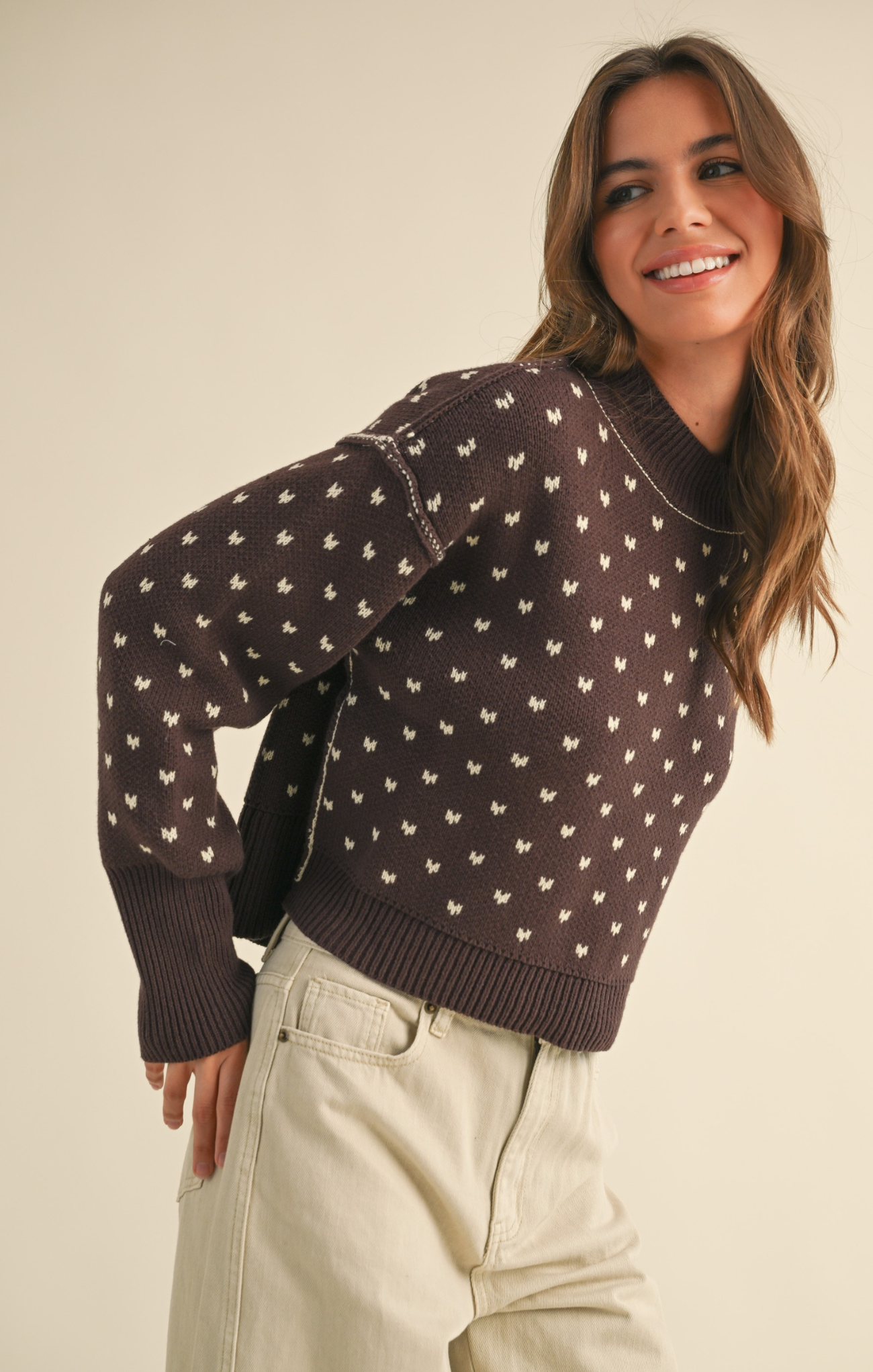 Shop At Grace, Miou Muse, Heart Cropped Sweater, brown, long sleeves, heart pattern, cropped sweater