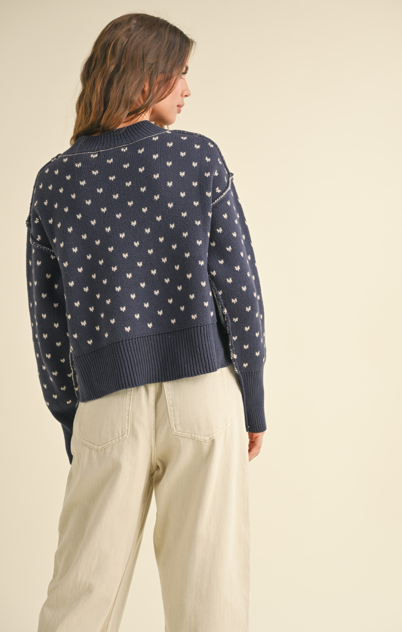 Shop At Grace, Miou Muse, Heart Cropped Sweater, navy, long sleeves, heart pattern, cropped sweater