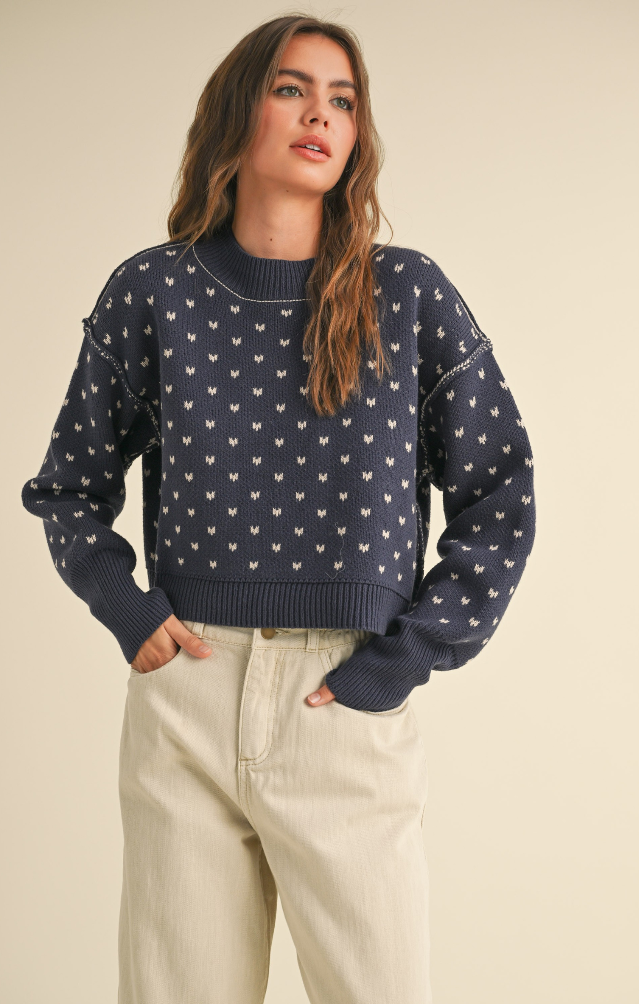 Shop At Grace, Miou Muse, Heart Cropped Sweater, navy, long sleeves, heart pattern, cropped sweater