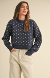 Shop At Grace, Miou Muse, Heart Cropped Sweater, navy, long sleeves, heart pattern, cropped sweater