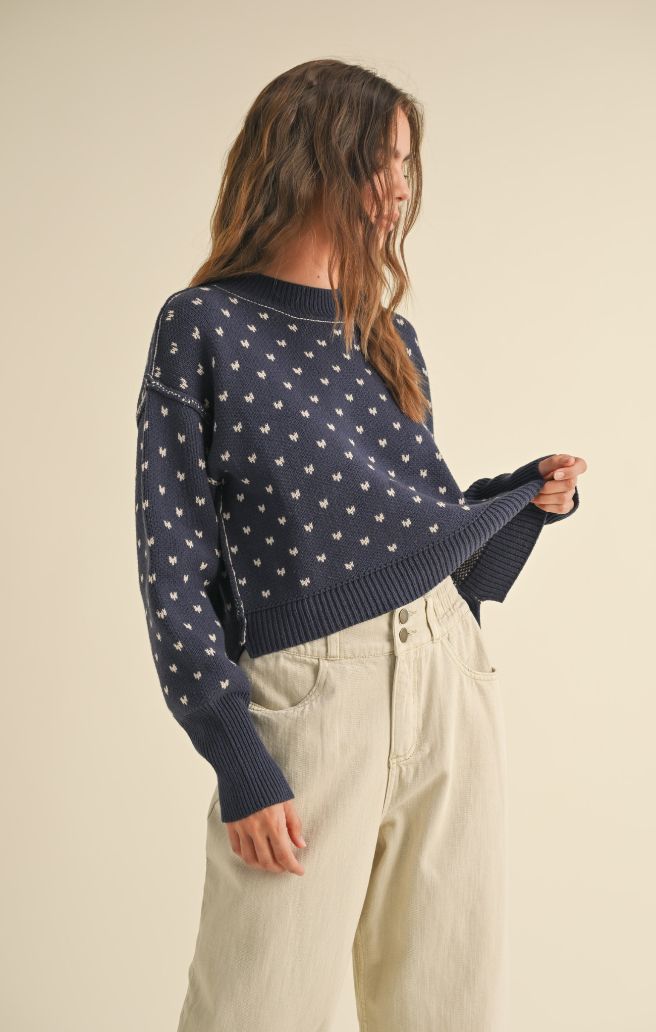 Shop At Grace, Miou Muse, Heart Cropped Sweater, navy, long sleeves, heart pattern, cropped sweater