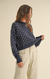 Shop At Grace, Miou Muse, Heart Cropped Sweater, navy, long sleeves, heart pattern, cropped sweater