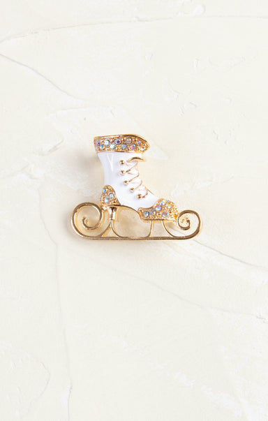 Shop At Grace, Holiday Skate Brooch, white and gold, rhinestone