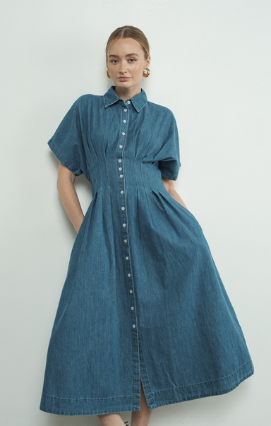 Shop At Grace, Iliana Denim Dress, Denim, midi length, button front, smocked waist, collar