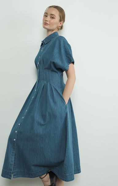 Shop At Grace, Iliana Denim Dress, Denim, midi length, button front, smocked waist, collar